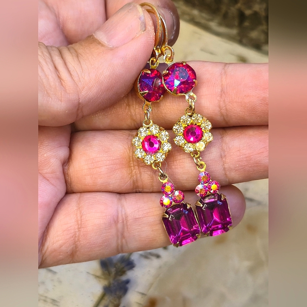 Victorian Fuchsia & Pink AB Swarovski & Flower Crystals In Long Ornate Earrings - Picture 6 of 8